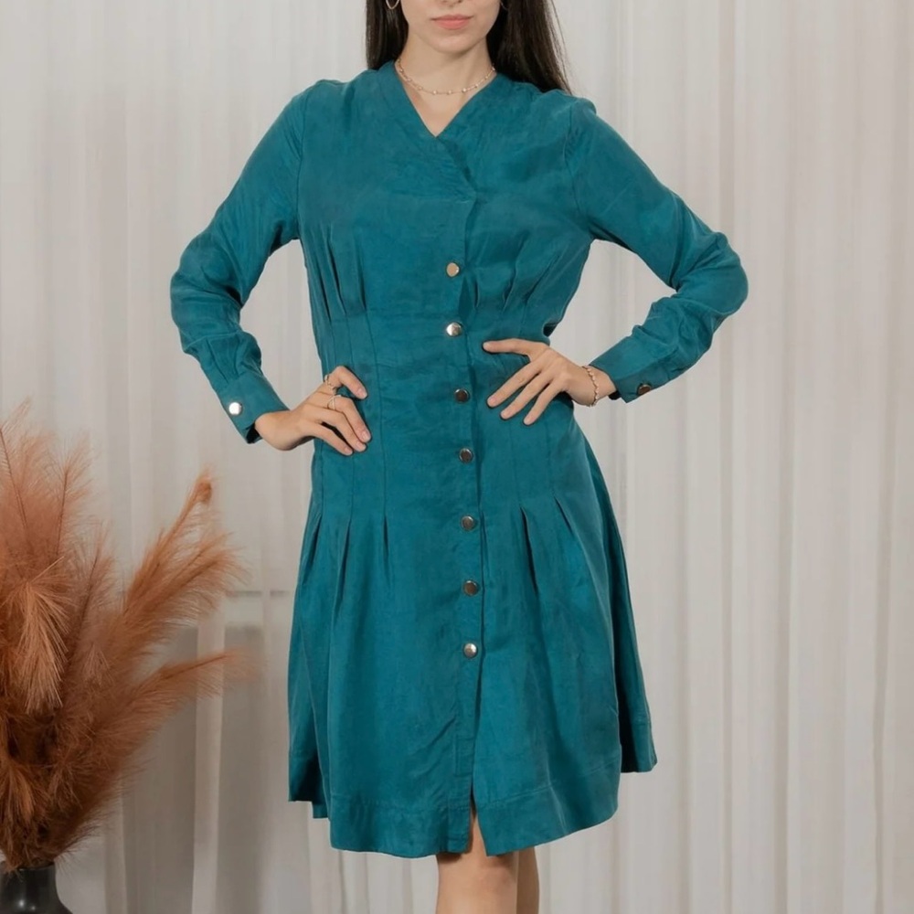 Nipped Waist Cupro dress in Teal
